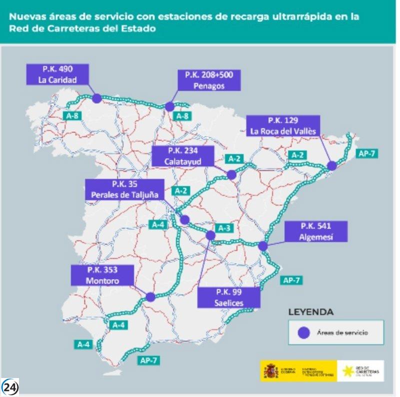 Nuevo punto de recarga eléctrica ultrarrápida para vehículos en la A-2, cerca de Calatayud.