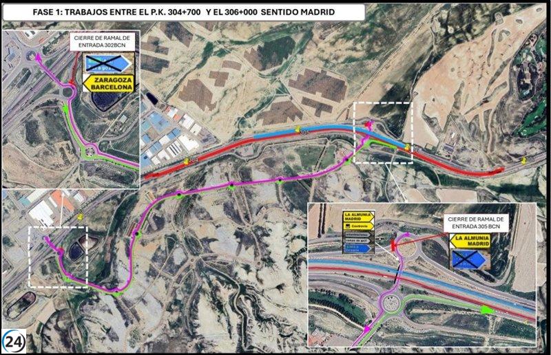Cortes viales en la A-2 entre Zaragoza y La Muela a partir del lunes.
