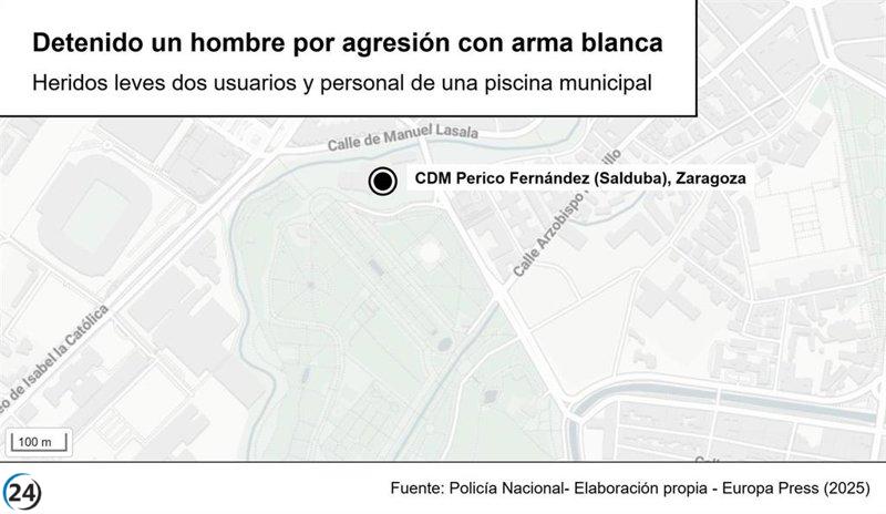 Hombre arrestado tras atacar con un cuchillo a empleados y visitantes del CDM Perico Fernández en Zaragoza.