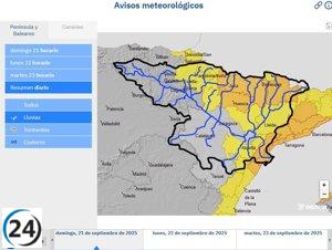 La CHE alerta sobre posibles inundaciones en ríos y barrancos de Aragón, Navarra, Cataluña y Valencia.