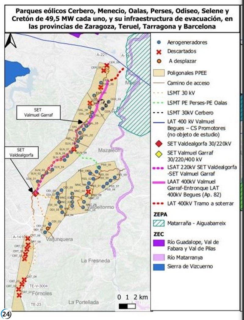 Teruel Existe acusará al MITECO por violar la ley en parques eólicos de Matarraña y Bajo Aragón.